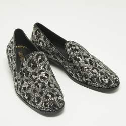 Pre Owned Versace Black/Silver Leather Crystal Embellished Slip On Loafers Size 45