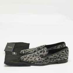 Pre Owned Versace Black/Silver Leather Crystal Embellished Slip On Loafers Size 45