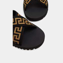 Pre Owned Versace Nastro Greca Black Leather Sliders 39