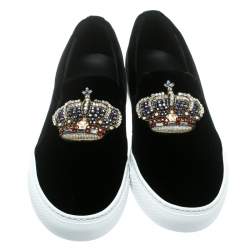 Versace Black Velvet Crystal Embellished Corona Slip On Sneakers Size 40