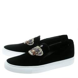 Versace Black Velvet Crystal Embellished Corona Slip On Sneakers Size 40