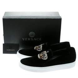 Versace Black Velvet Crystal Embellished Corona Slip On Sneakers Size 40