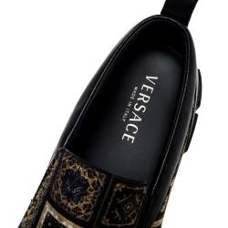 Versace Black/Gold Printed Satin And Leather Slip On Sneakers Size 45