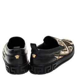 Versace Black/Gold Printed Satin And Leather Slip On Sneakers Size 45