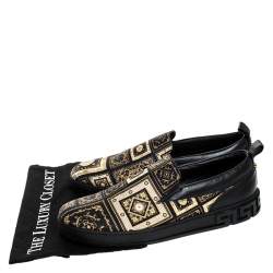 Versace Black/Gold Printed Satin And Leather Slip On Sneakers Size 45