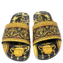 Pre Owned Versace Yellow/Black Baroque Print Rubber Flat Slides Size 41.5