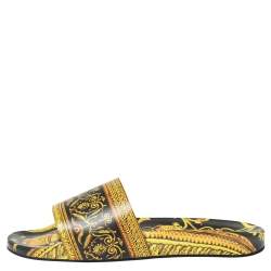 Pre Owned Versace Yellow/Black Baroque Print Rubber Flat Slides Size 41.5