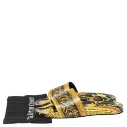 Pre Owned Versace Yellow/Black Baroque Print Rubber Flat Slides Size 41.5