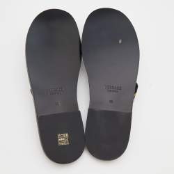 Pre Owned Versace Black/Yellow Leather And Fabric Greca Flat Slide Sandals Size 44