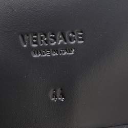 Pre Owned Versace Black/Yellow Leather And Fabric Greca Flat Slide Sandals Size 44