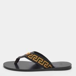 Pre Owned Versace Black/Yellow Leather And Fabric Greca Flat Slide Sandals Size 44