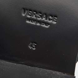 مملوكة مسبقًا  Versace Black/Yellow Leather And Fabric Greca Flat Slide Sandals Size 45