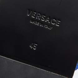Pre Owned Versace Black/Blue Leather And Fabric Greca Flat Slide Sandals Size 45