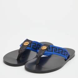 Pre Owned Versace Black/Blue Leather And Fabric Greca Flat Slide Sandals Size 45
