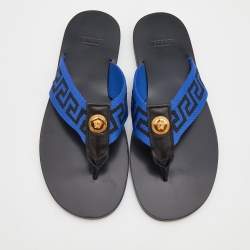 Pre Owned Versace Black/Blue Leather And Fabric Greca Flat Slide Sandals Size 45