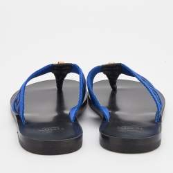 Pre Owned Versace Black/Blue Leather And Fabric Greca Flat Slide Sandals Size 45