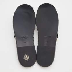 Pre Owned Versace Black/Yellow Leather And Fabric Greca Flat Slide Sandals Size 46