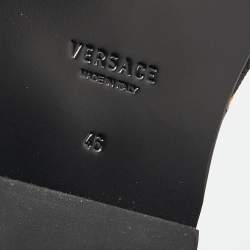 Pre Owned Versace Black/Yellow Leather And Fabric Greca Flat Slide Sandals Size 46