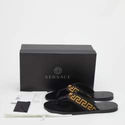 Pre Owned Versace Black/Yellow Leather And Fabric Greca Flat Slide Sandals Size 46