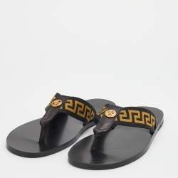 Pre Owned Versace Black/Yellow Leather And Fabric Greca Flat Slide Sandals Size 46