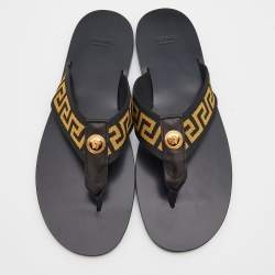 Pre Owned Versace Black/Yellow Leather And Fabric Greca Flat Slide Sandals Size 46