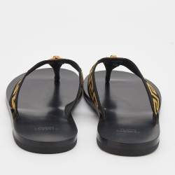 Pre Owned Versace Black/Yellow Leather And Fabric Greca Flat Slide Sandals Size 46