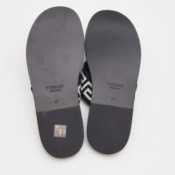 Pre Owned Versace Black/White Leather And Fabric Greca Flat Slide Sandals Size 41
