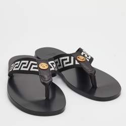Pre Owned Versace Black/White Leather And Fabric Greca Flat Slide Sandals Size 41