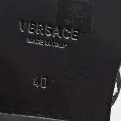 Pre Owned Versace Black/White Leather And Fabric Greca Flat Slide Sandals Size 40