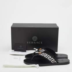 Pre Owned Versace Black/White Leather And Fabric Greca Flat Slide Sandals Size 40
