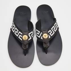 Pre Owned Versace Black/White Leather And Fabric Greca Flat Slide Sandals Size 40