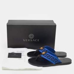 Versace Black/Blue Leather And Fabric Greca Flat Slide Sandals Size 44