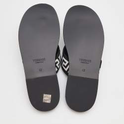 Pre Owned Versace Black/White Leather And Fabric Greca Flat Slide Sandals Size 42