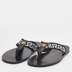 Pre Owned Versace Black/White Leather And Fabric Greca Flat Slide Sandals Size 42
