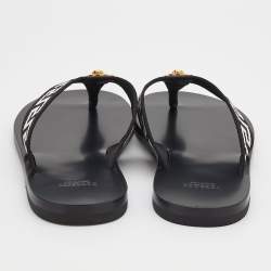 Pre Owned Versace Black/White Leather And Fabric Greca Flat Slide Sandals Size 42