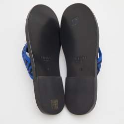 Pre Owned Versace Black/Blue Leather And Fabric Greca Flat Slide Sandals Size 40