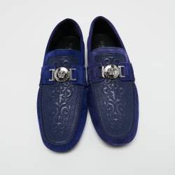 Pre Owned Versace Blue Embossed Leather and Suede Medusa Loafers Size 45