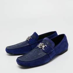 Pre Owned Versace Blue Embossed Leather and Suede Medusa Loafers Size 45