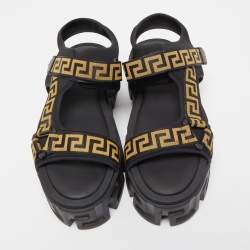 Versace Black Canvas and Fabric La Greca Platform Sandals Size 42
