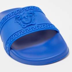 Pre Owned Versace Blue Rubber Flat Slides Size 41