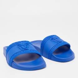 Pre Owned Versace Blue Rubber Flat Slides Size 41