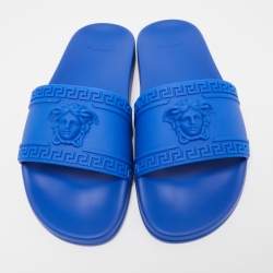 Pre Owned Versace Blue Rubber Flat Slides Size 41