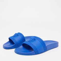Pre Owned Versace Blue Rubber Flat Slides Size 41
