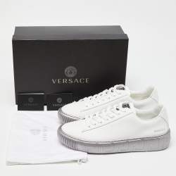 Versace White/Silver Leather Greca Sneakers Size 43