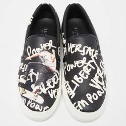 Versace Black/White Printed Leather Slip On Sneakers Size 43