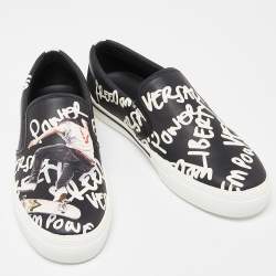 Versace Black/White Printed Leather Slip On Sneakers Size 43