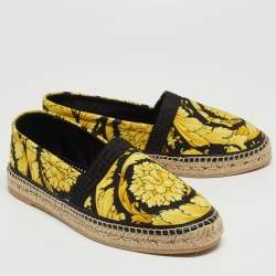 Versace Yellow/Black Baroccoo Print Canvas Slip On Espadrille Flats Size 43