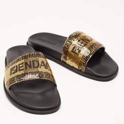 Fendi X Versace Black Rubber Metal Embellished Flat Slides Size 45