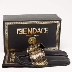 Fendi X Versace Black Rubber Metal Embellished Flat Slides Size 45