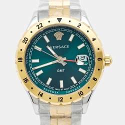 Pre Owned Versace Green Two-Tone Stainless Steel Hellenyium GMT V11050015 Unisex Wristwatch 42 mm